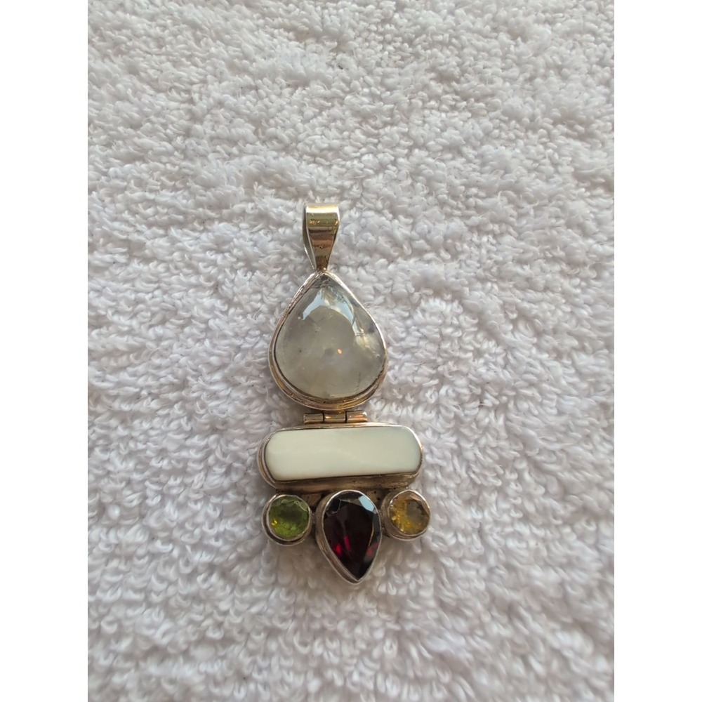Sterling Silver Multi Gemstone Pendant 925 Thailand Pearl Quartz Garnet